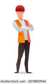 Menschenbauer in Weste und Schutzhelm. Guy-Mitarbeiter. Fröhlicher Mensch. Stehende Pose. Cartoon Comic Stil flach Design. Einzelzeichen. Illustration einzeln auf weißem Hintergrund. Vektorgrafik.