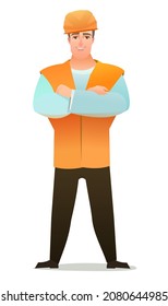Man builder in vest and protective helmet. Guy worker. Cheerful person. Standing pose. Cartoon comic style flat design. Single character. Illustration isolated on white background. Vector.