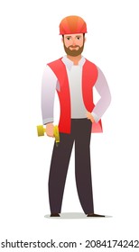 Constructor de un hombre con chaleco y casco protector. Trabajador de tipo. Persona alegre. pose. Diseño plano de historietas de dibujos animados. Un solo carácter. Ilustración aislada sobre fondo blanco. Vector.