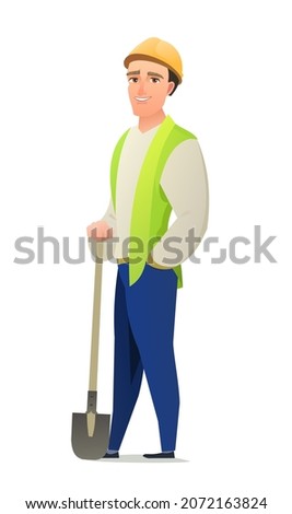 Man builder in vest and protective helmet. Guy worker. Cheerful person. Standing pose. Cartoon comic style flat design. Single character. Illustration isolated on white background. Vector