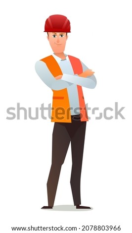 Man builder in vest and protective helmet. Guy worker. Cheerful person. Standing pose. Cartoon comic style flat design. Single character. Illustration isolated on white background. Vector.