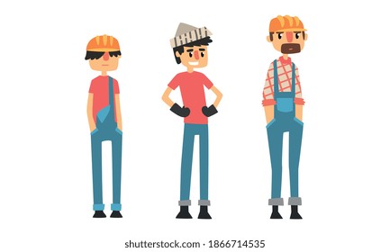 Man Builder Wearing Jumpsuit and Helmet Vector Illustration Set
