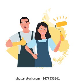 A man Builder and a woman painter holding a roller with paint. Masters painters in overalls. Vector illustration