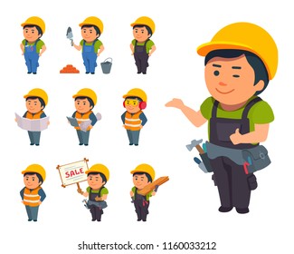 Man builder at work standing, smiling, looking at the plan, pointing hand. Constructor, designer, worker. Cute people at the job. Vector cartoon illustrations set. flat style isolated from white.