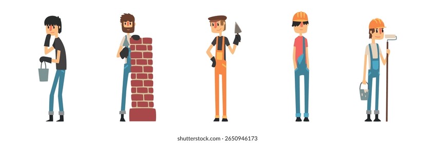 Man Builder Worker Character in Uniform Vector Set