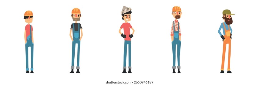 Personaje de trabajador de constructor de hombre en conjunto de Vector uniforme