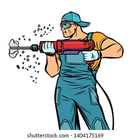 Man Builder Worker Drills Puncher Wall. Comic Cartoon Pop Art Retro Illustration Drawing