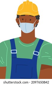 Man builder worker using protective medical face mask for covid 19 during pandemic vector isolated illustration. Male character follows quarantine rules, takes care of his health and his colleagues
