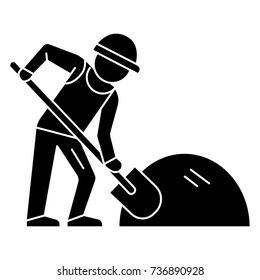 man builder working with shovel icon, vector illustration, black sign on isolated background