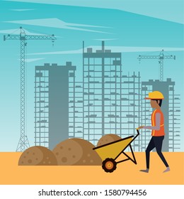 man builder working under construction scene vector illustration design