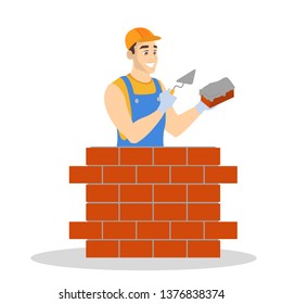 Man Building Brick Wall. Construction Worker In A Uniform And Helmet Doing Work. Builder Concept. Isolated Vector Illustration In Cartoon Style