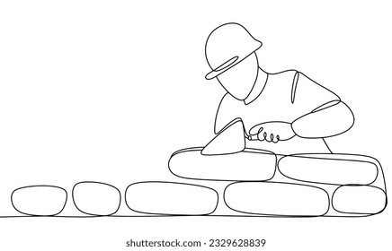 A man is building a brick wall. Lay a brick. Day of builder. One line drawing for different uses. Vector illustration.