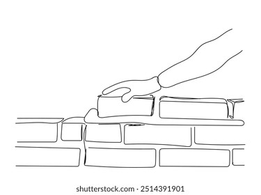 Un hombre está construyendo una pared de ladrillo. Coloca un ladrillo. Día del constructor. Un dibujo de línea para diferentes usos. Ilustración vectorial. Ladrillo, construcción, paredes de construcción, materiales de construcción