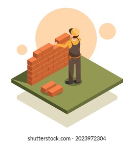 man building bricks wall isometric style