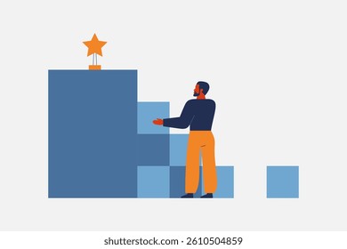 man building career stairs and achives a business targets by skills and knowlenges. Person doing small steps for success and growth. Planning and strategy for scoring a goal. vector