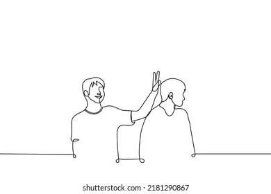 man building horns to his friend - one line drawing vector. concept of friendly joke, playfulness between friends