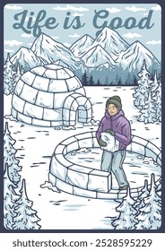 O homem está construindo um iglu, com uma paisagem de montanha nevada ao fundo, ilustrando o conceito de turismo de inverno e aventura