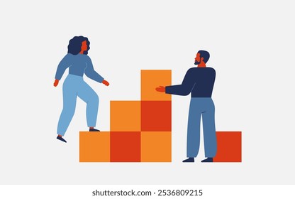 Man building the ladder success for woman in career and personal growth. Female climbs up stairs with help her husband or teacher. Mentorship, buddy and teamwork business concept. Vector illustration