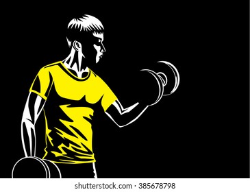 Man building muscle at arm with lifting dumbbell. Illustration about sport and fitness.