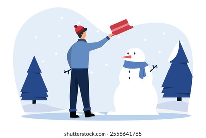 A man building snowman winter scene snowy landscape. Playing snowman in winter Illustration. Winter fun activity. Vector illustration.