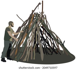 Man building a survival shelter in the forest using woods and branches. Survivalist isolated on white background