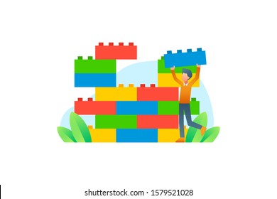 Ein Menschengebäude mit Ziegelspielzeug. Hobbys Vektorillustration. Hobby-Illustrationshintergrund.