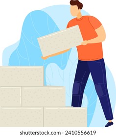 Man building wall with bricks, construction worker carrying heavy block. Constructor in casual clothing at work vector illustration.