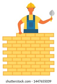 Man building wall vector, isolated character holding shovel standing by construction. Worker wearing helmet and protective clothes, engineering flat style