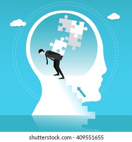 Man builds puzzle in human head. Concept vector illustration.