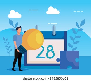 man with bulb idea and calendar with puzzle