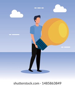 man with bulb idea and clouds to business strategy