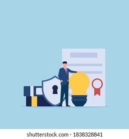 Man with bulb and law certificate for intellectual property flat conceptual illustration.