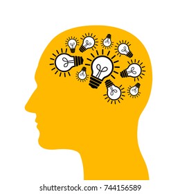 Man with bulb and lightbulb inside his head. Creative and innovative person with ideas, inspiration, imagination and progressive thinking. Vector illustration of character with brilliant mind 