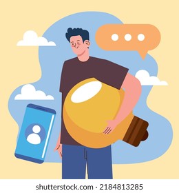 man with bulb and smartphone