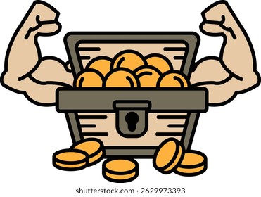 A man with bulging biceps is holding a chest full of gold coins. Concept of strength and wealth