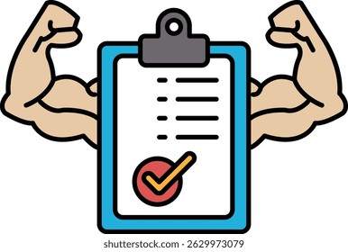 A man with bulging muscles is holding a clipboard with a check mark on it. Concept of strength and accomplishment, as the man's muscles are flexed