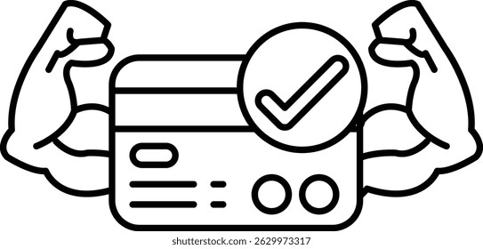 A man with bulging muscles is holding a credit card with a check mark on it. Concept of strength and power, as well as the importance of financial responsibility