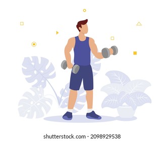 Man Bulky Exercise With Dumbell With Modern Flat Style