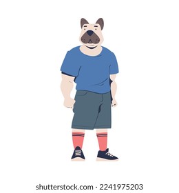 Man Bulldog Character with Animal Head Standing Wearing Sportive Clothes Vector Illustration