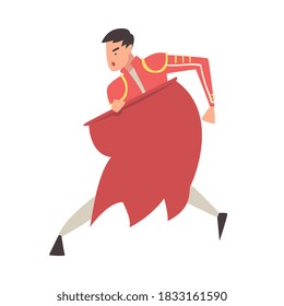 Man Bullfighter, Toreador Character Dressed in Red Traditional Costume, Spanish Corrida Performance Cartoon Style Vector Illustration