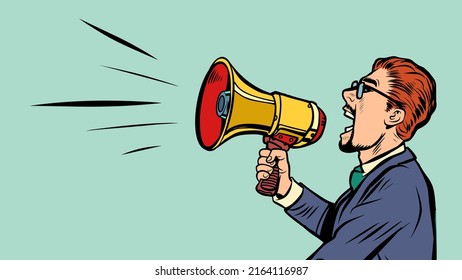 Man With Bullhorn Megaphone Loudspeaker. Advertising Announcement Cry Information Concept. Pop Art Retro Vector Illustration Kitsch Vintage 50s 60s Style