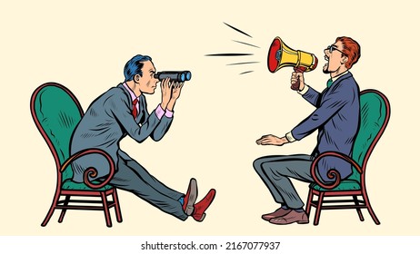 a man with a bullhorn megaphone loudspeaker and a second man with binoculars. Two interlocutors. negotiations discussion concept. Pop art retro vector illustration kitsch vintage 50s 60s style