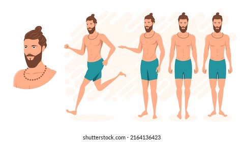 A man with a bun on his head with beads in beach shorts, three poses.