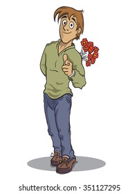  Man  with bunch of flower, flower delivery. Vector illustration