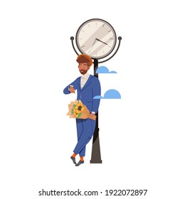 Man with Bunch of Flowers Standing and Looking at Hand Watch Counting Time Vector Illustration