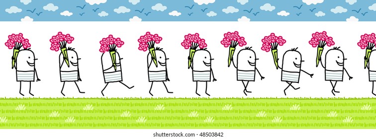 man with bunch of flowers -walking cartoon character for animated sprite