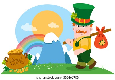 A man with a bundle on a stick and a pot of gold. The festive character in cartoon style. Congratulations to the St. Patrick's Day.