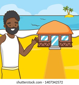 man bungalow hotel island beach vacations vector illustration