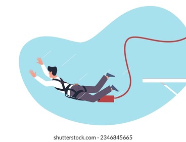 Man bungee jump, which is free fall down from great height. Extreme sport, dangerous risk leisure time. People love adrenaline adventures. Cartoon flat style isolated vector concept