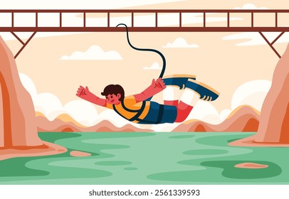 Man bungee jumping off a Bridge, capturing the thrill and excitement of extreme outdoor adventure sports, Vector, Illustration